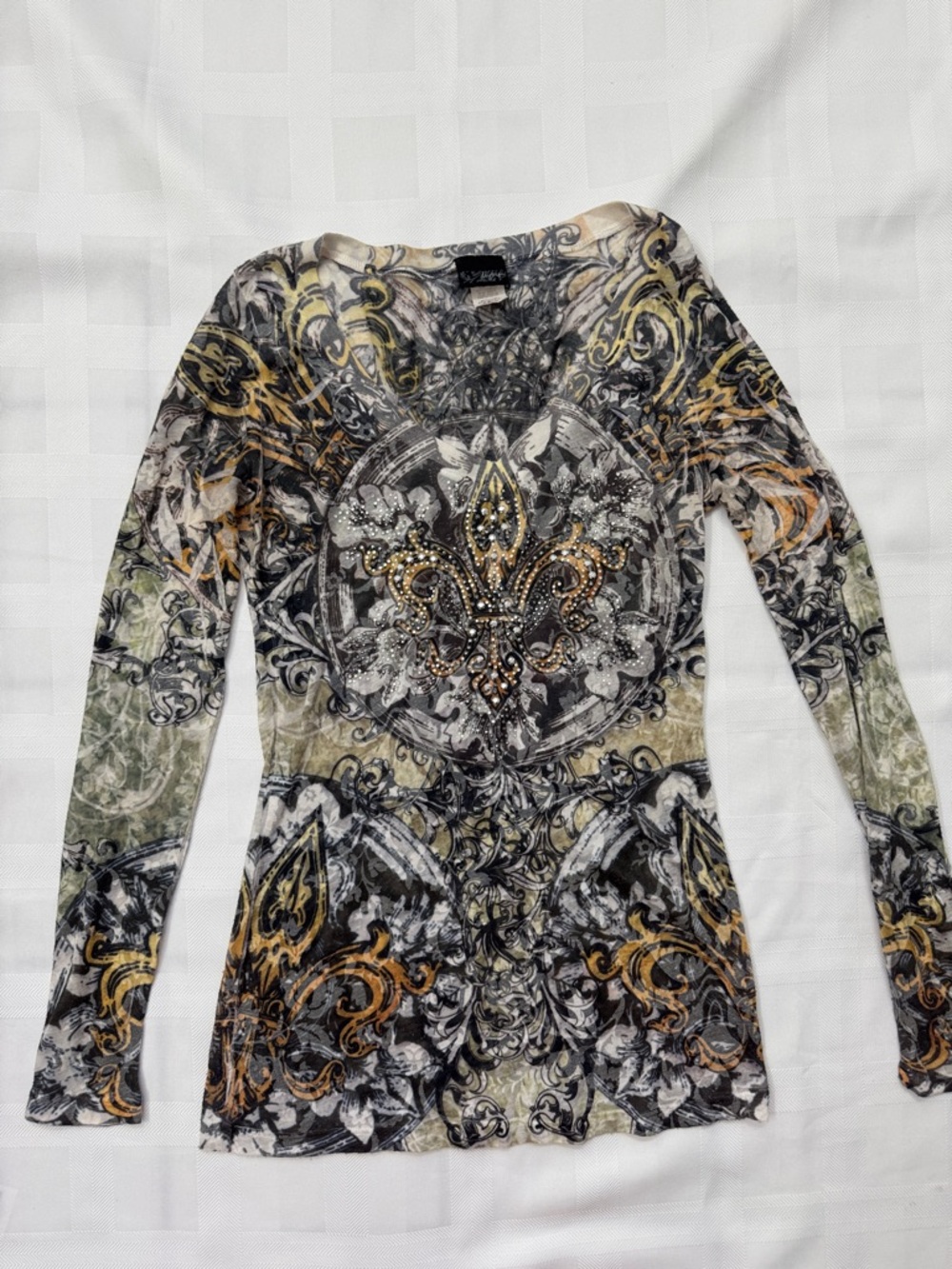Daytrip Sheer Long Sleeve Medallion Print Top in Black, Olive & Gold